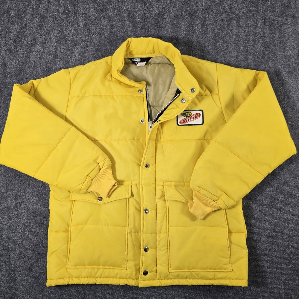 Vintage DeKalb Seed Corn Yellow Puffer Jacket Mens Large Farm Ag Research USA